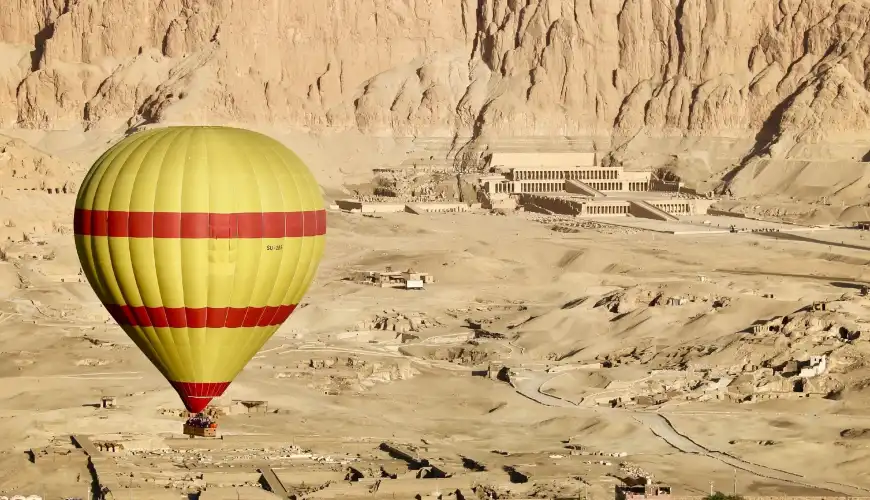 the mortuary temple of queen Hatshepsut from hot air ballon